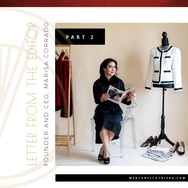 How to Start a Clothing Business: Pt. 2 Fabrics, Fittings & Fashion Designer — Letter from the Editor, CEO and founder, Marisa Corrado. Vintage inspired fashion for career women. #womenssuits #womensfashion #fashion #workwear #officefashion #vintage #fashion